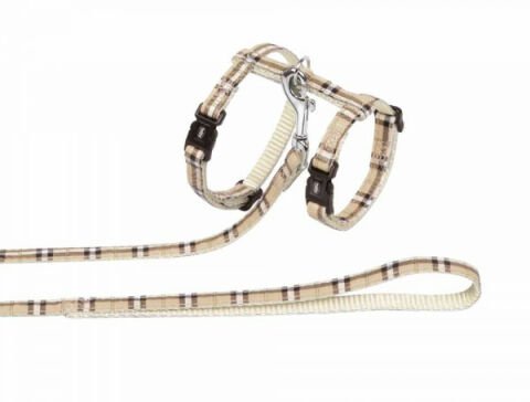 Kedi Tasma Seti Tartan Bej