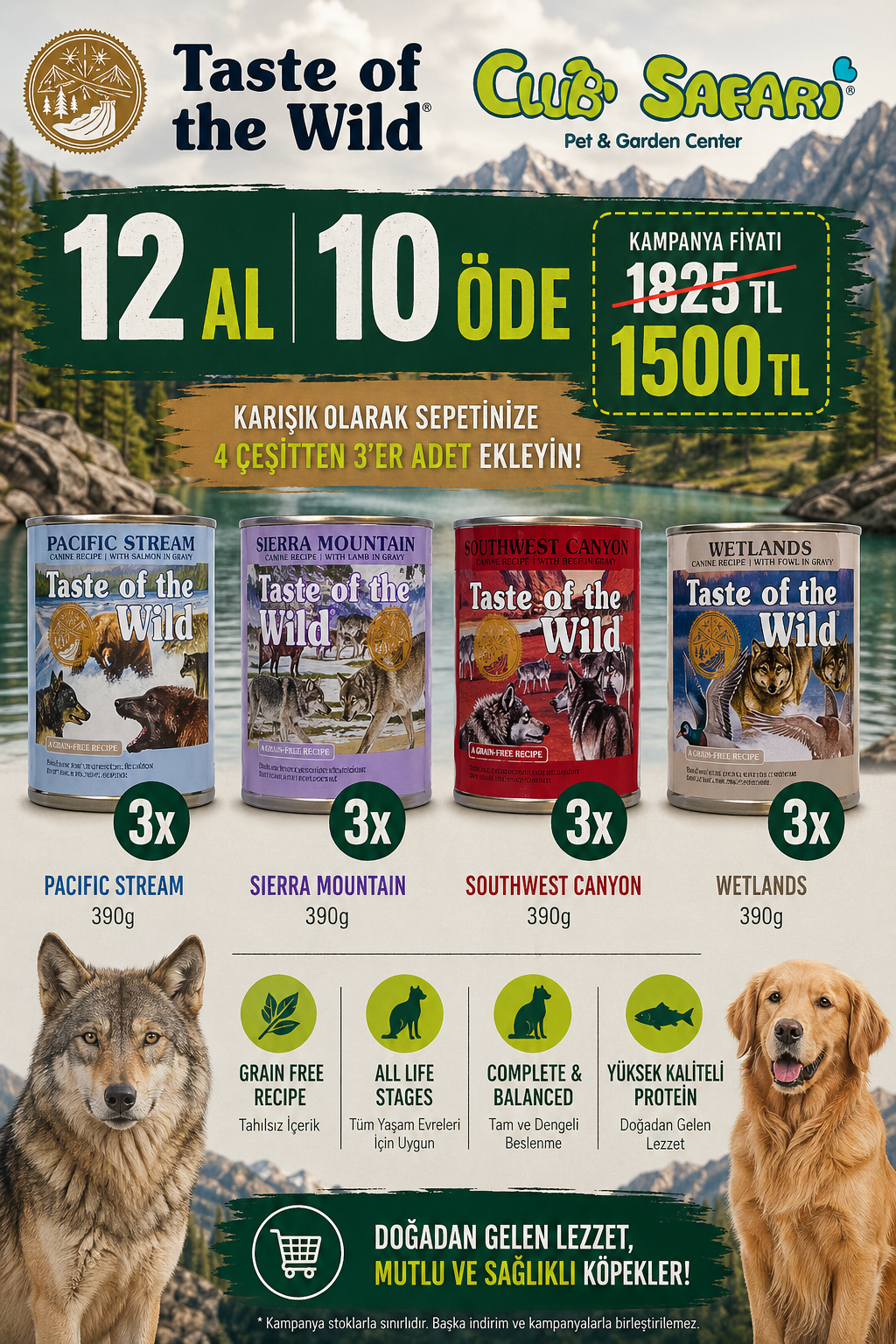 Taste Of The Wild Köpek  Konserve Yaş Mama 390 Gr 3x4=12 Adet 12 AL 10 ÖDE
