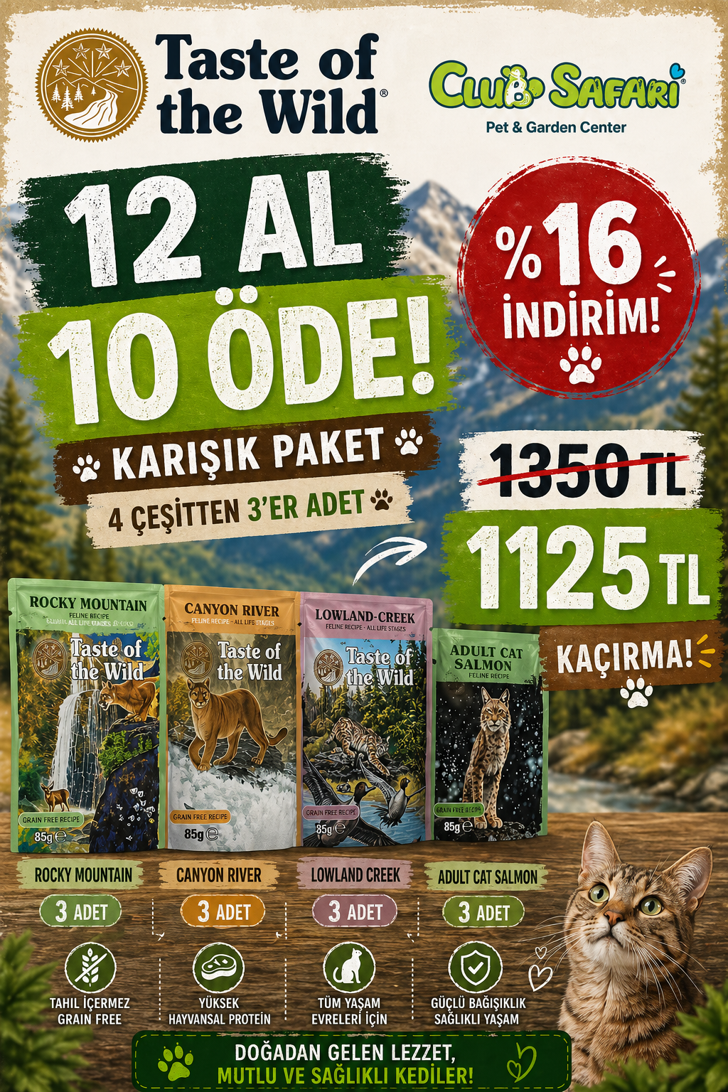 Taste Of The Wild Pouch  Yaş Mama 85 Gr 4x3=12 Adet  12 AL 10 ÖDE