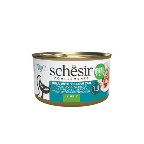 Schesir Tamamlayıcı Ton ve Sarı Kuyruk Balıklı Jöle İçinde Kedi Konservesi 70g