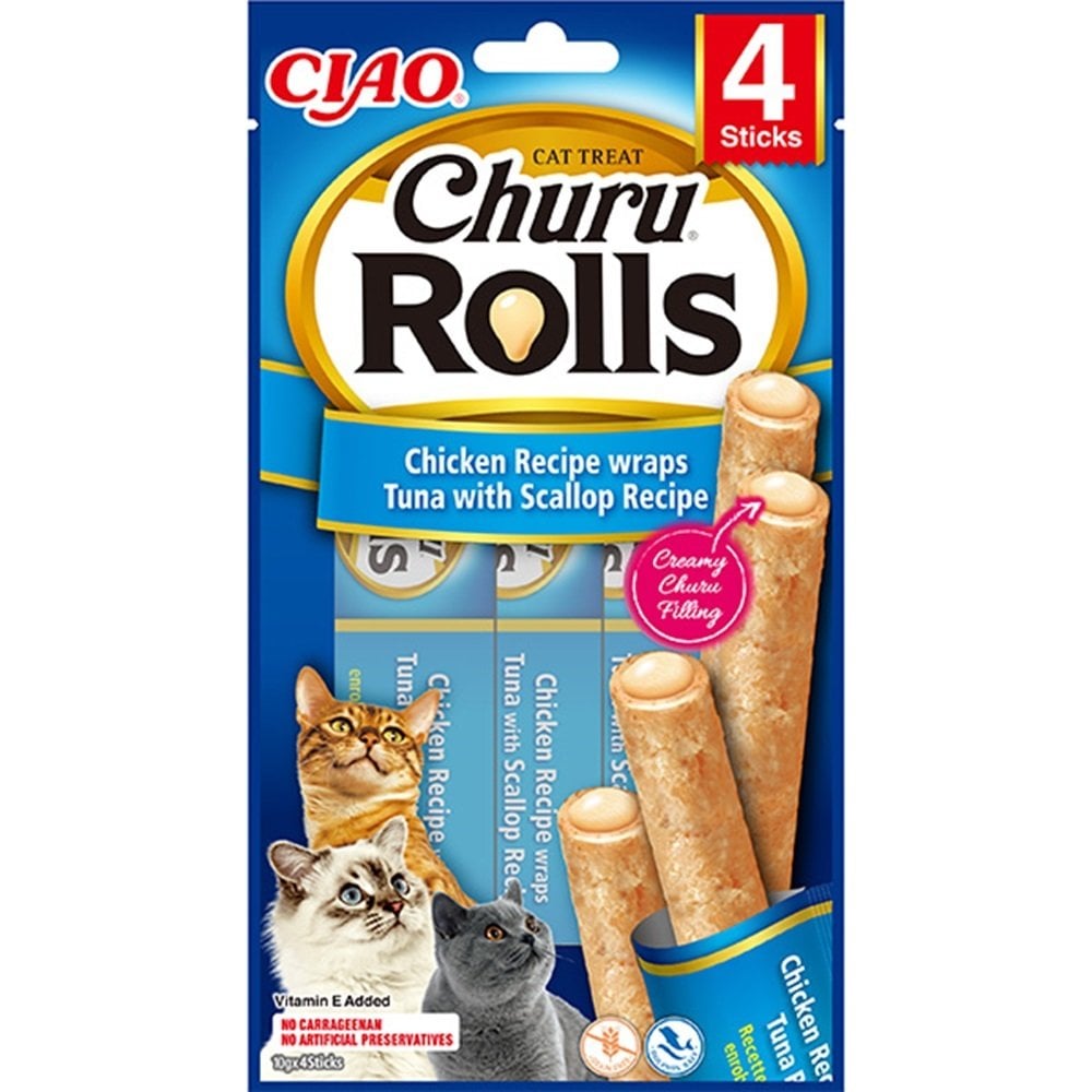 Ciao Churu Rolls Sticks Deniz Taraklı, Tavuk Sargılı ve Ton Balıklı Kedi Ödül Maması 4 x 10 Gr