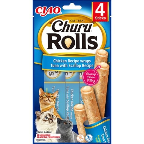 Ciao Churu Rolls Sticks Deniz Taraklı, Tavuk Sargılı ve Ton Balıklı Kedi Ödül Maması 4 x 10 Gr